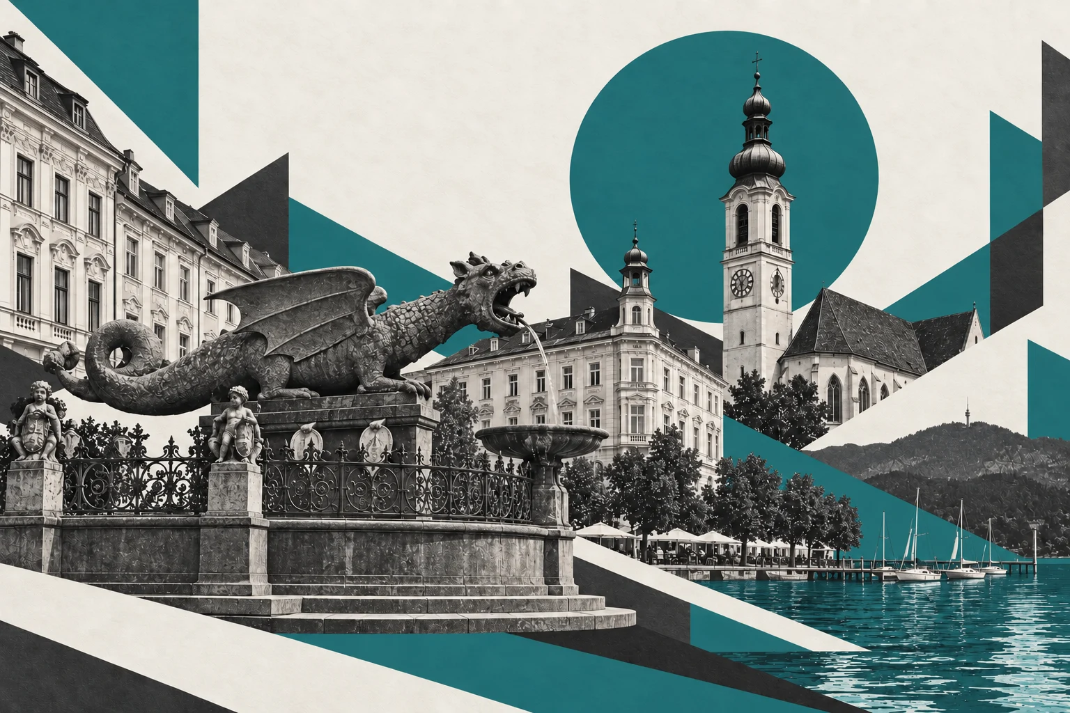 KI-generierte Schwarzweiß-Collage von Klagenfurt mit Lindwurm, Altstadt und grünen geometrischen Flächen